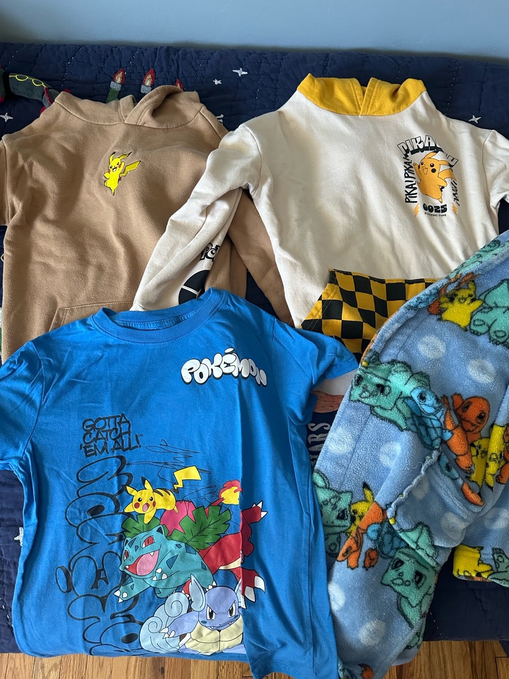 4 Pokémon Boys size 10/12 items! 2 pullover hoodies, 1 blue graphic tee, 1 robe